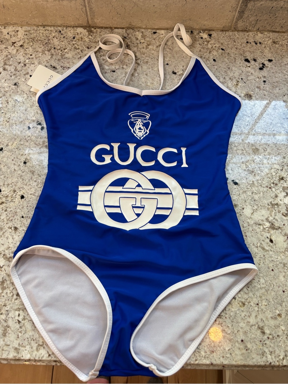 Gucci 2018 Release Royal Blue One-Piece Logo Swimsuit with White Trim
